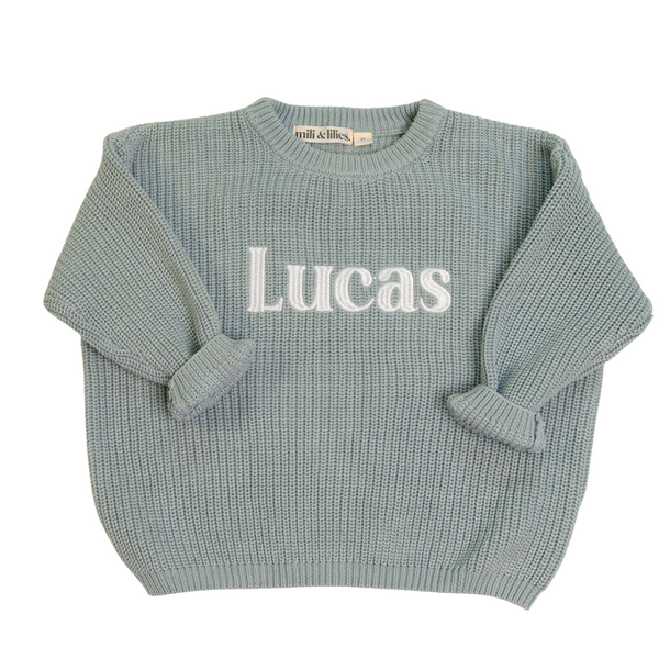 Personalized Embroidered Knit Sweater - Dusty Blue