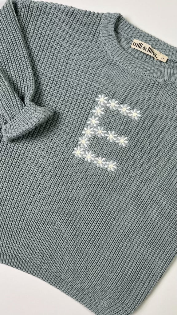 Personalized Embroidered Knit Sweater I Dusty Blue