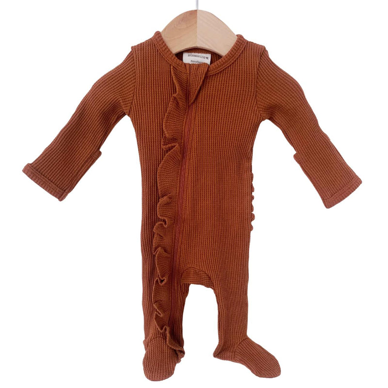 Ruffle Zip Organic Waffle Footie - Caramel-Zip footie-SpearmintLOVE-Mili & Lilies