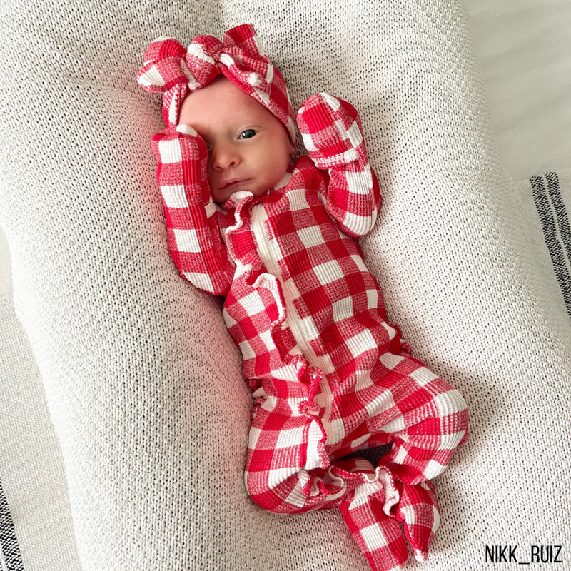 Ruffle Zip Organic Waffle Footie -  Red Plaid