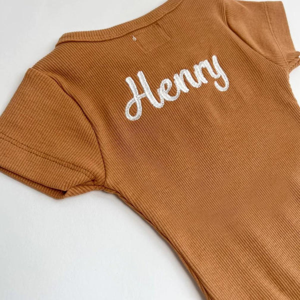 Personalized Embroidered Short Sleeve Bodysuit - Chestnut-BODYSUIT-Personalized Clothing-Mili & Lilies