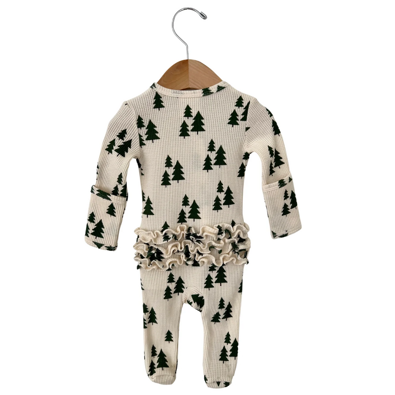 Ruffle Zip Organic Waffle Footie -  Forest Green Trees