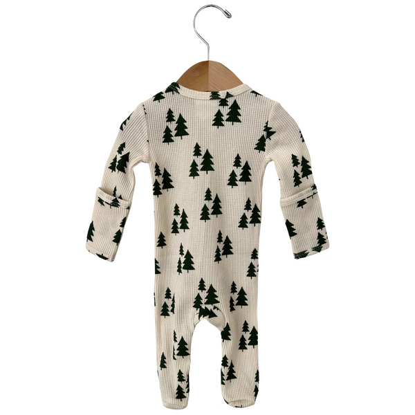 Basic Zip Organic Waffle Footie -  Forest Green Trees