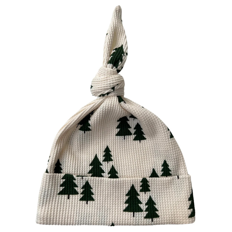 Organic Waffle Knot Beanie - Forest Green Trees