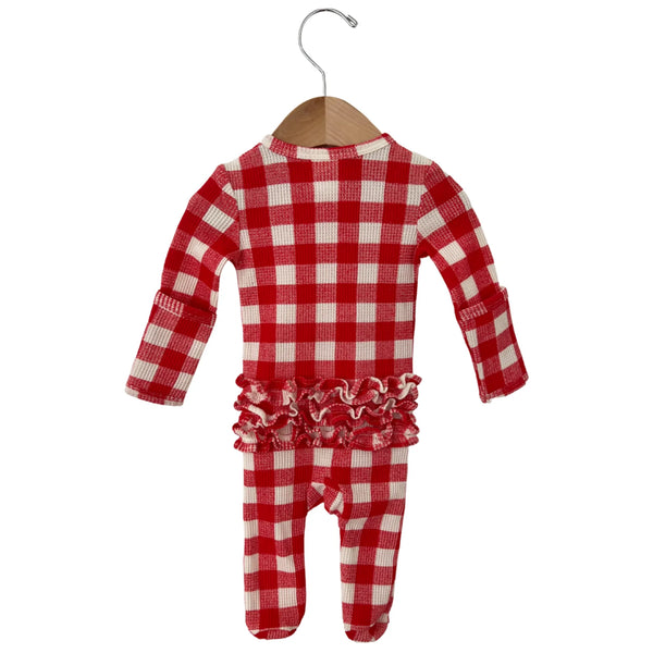 Ruffle Zip Organic Waffle Footie -  Red Plaid