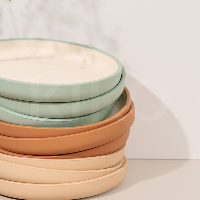 Silicone suction plate three colours, sage, tan and sand mili and lilies and Kiko the label 