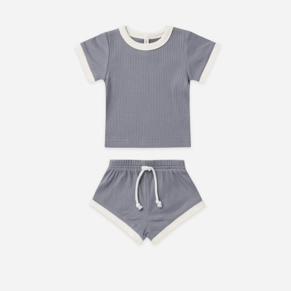 Ribbed Short Two Piece Set - Washed Indigo-Top and Bottom Set-QUINCY MAE-Mili & Lilies
