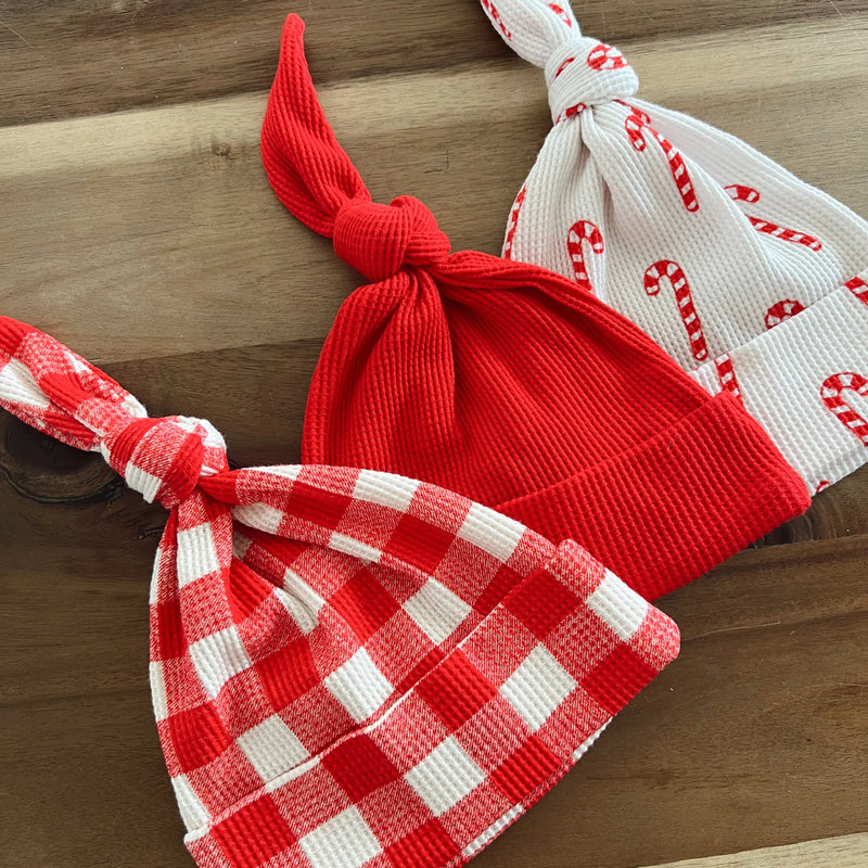 Organic Waffle Knot Beanie - Red Plaid