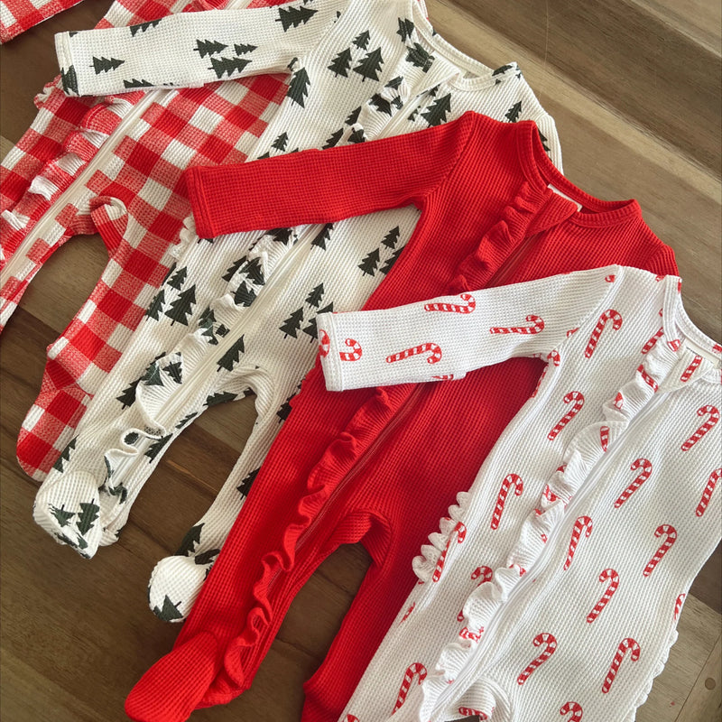 Ruffle Zip Organic Waffle Footie -  Red