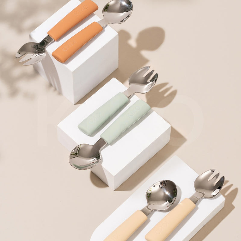Three colours Utensils silicone fork and spoon  Kiko the label and mili and lilies 
